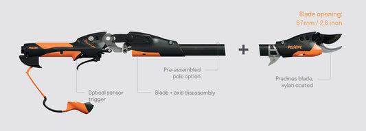 Pellenc C45 electric pruning shear configured with a pre-assembled pole extension and detachable Pradines cutting head with 67 millimeter blade opening