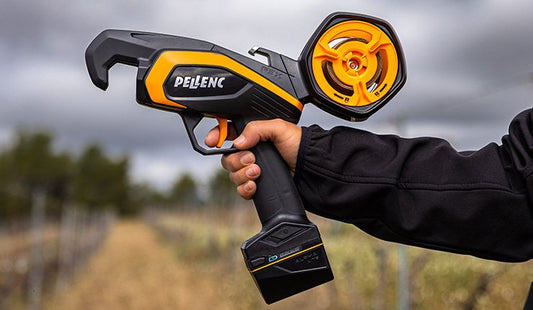 Worker holding an orange and black Pellenc F3X V25 battery-powered vertical tying machine between vineyard rows