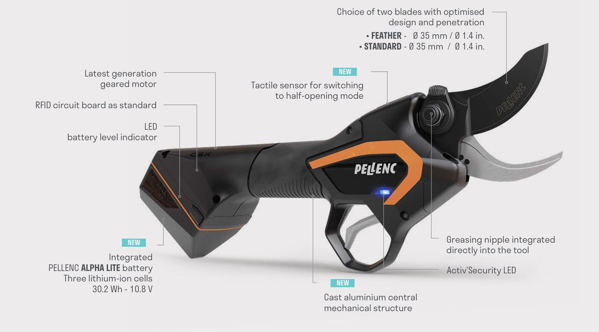 Pellenc C3X cordless pruning shears with labeled Alpha Lite battery, safety LED, tactile half-opening sensor, geared motor, and blade options