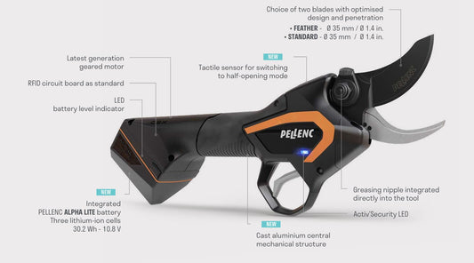 Pellenc C3X cordless pruning shears with labeled Alpha Lite battery, safety LED, tactile half-opening sensor, geared motor, and blade options